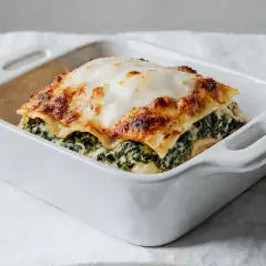 Pyszne lasagne ze szpinakiem w białym naczyniu, zrumienione ciasto i kremowy ser.