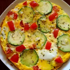 Pyszna cukinia na śniadanie w postaci omletu z pomidorami, posypana ziołami. Idealny początek dnia!
