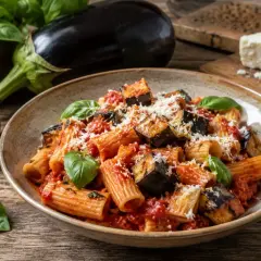 Pyszne danie pasta alla norma z makaronem rigatoni, bakłażanem, pomidorami i bazylią, posypane parmezanem.