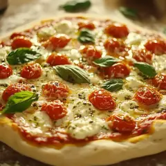 Pyszna pizza margherita, jakby prosto z pieca Ani, z pomidorkami koktajlowymi, mozzarellą i bazylią.