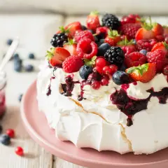 Beza Pavlova z owocami leśnymi i polewą. Idealny przepis na letni deser.