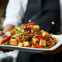 Talerz pełen aromatycznego makaronu z tofu, chrupiącymi warzywami i pikantnym sosem. Danie prezentuje kucharz w fartuchu.