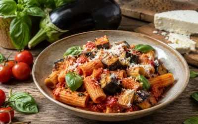 Pyszne danie pasta alla norma z makaronem rigatoni, bakłażanem, pomidorami i bazylią, posypane parmezanem.