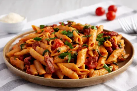 Pyszny makaron penne z sosem pomidorowym, kawałkami suszonych pomidorów i świeżą natką pietruszki.