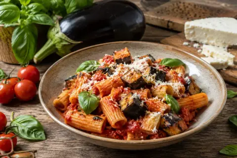 Pyszne danie pasta alla norma z makaronem rigatoni, bakłażanem, pomidorami i bazylią, posypane parmezanem.