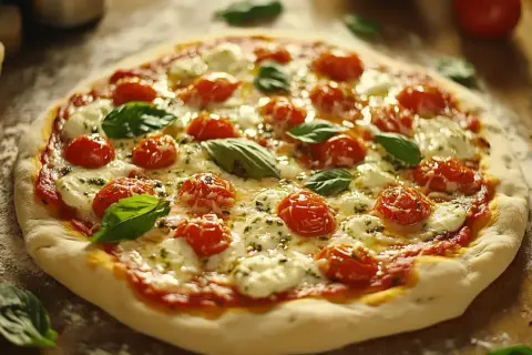 Pyszna pizza margherita, jakby prosto z pieca Ani, z pomidorkami koktajlowymi, mozzarellą i bazylią.