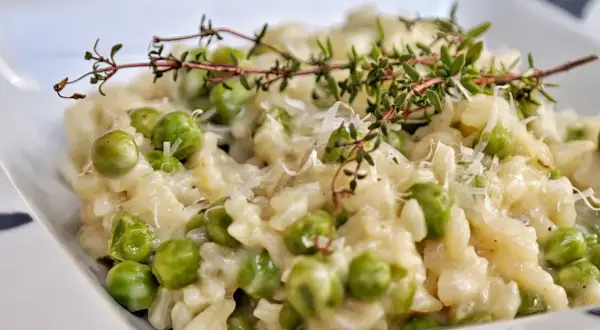 Kremowe risotto z groszkiem, posypane parmezanem i udekorowane gałązką tymianku. Pyszne danie, które zachwyca smakiem.