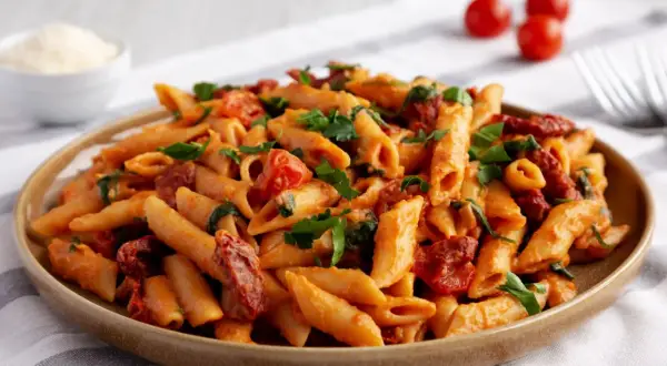 Pyszny makaron penne z sosem pomidorowym, kawałkami suszonych pomidorów i świeżą natką pietruszki.