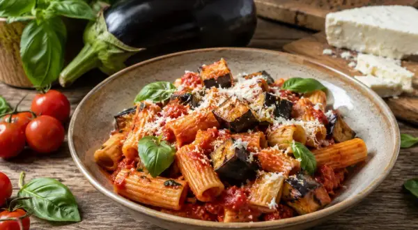 Pyszne danie pasta alla norma z makaronem rigatoni, bakłażanem, pomidorami i bazylią, posypane parmezanem.
