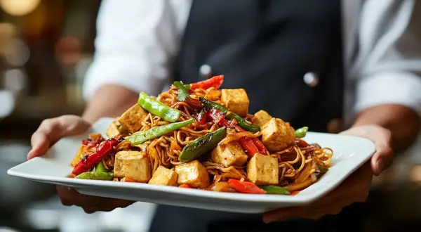 Talerz pełen aromatycznego makaronu z tofu, chrupiącymi warzywami i pikantnym sosem. Danie prezentuje kucharz w fartuchu.