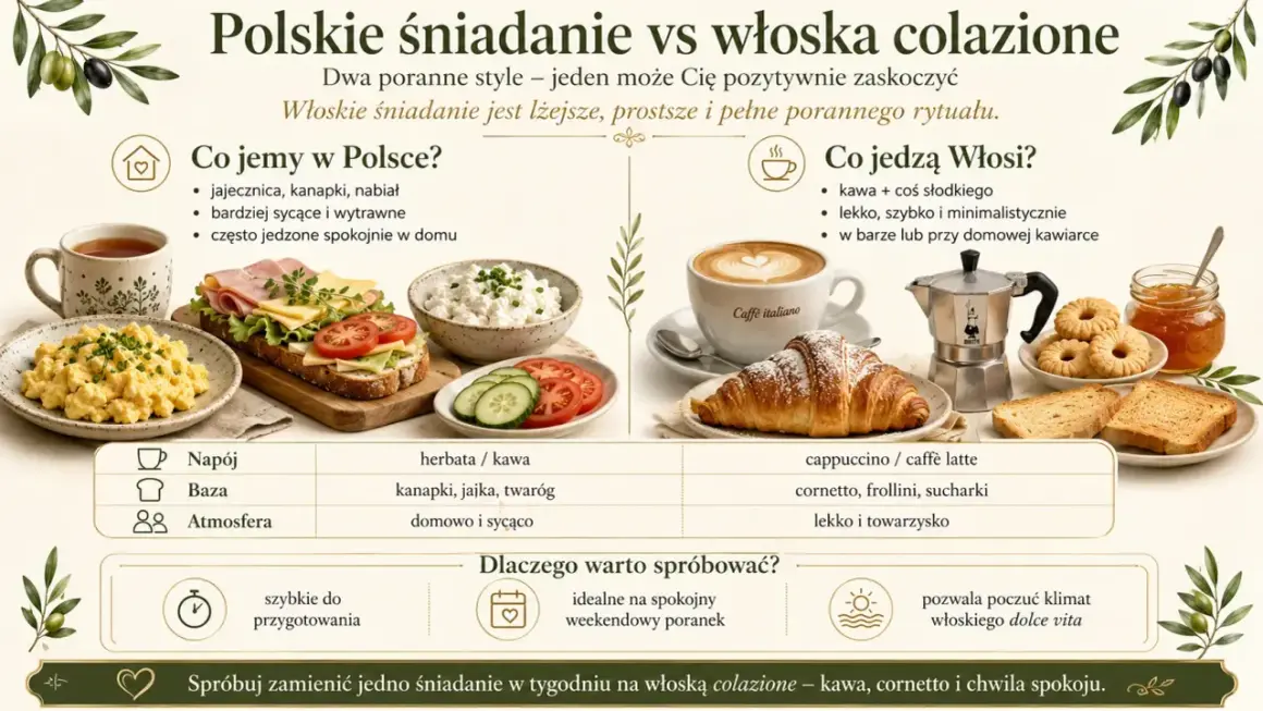Polskie śniadanie vs włoska colazione: jajecznica i kanapki kontra cornetto i cappuccino. Pomysł na śniadanie to włoska kawa i słodkości.