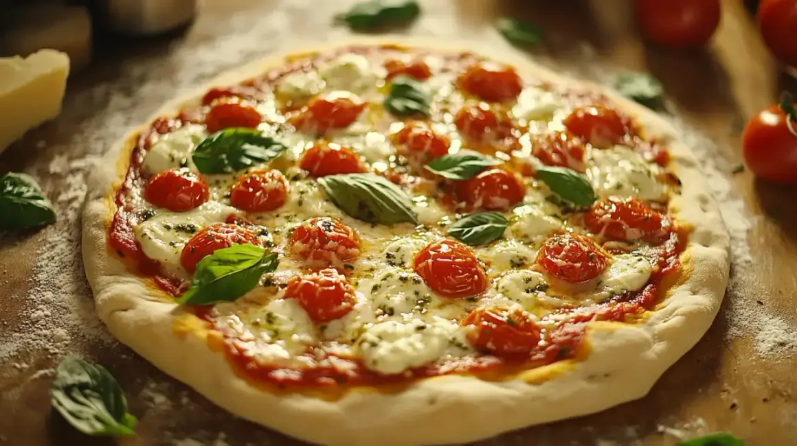 Pyszna pizza margherita, jakby prosto z pieca Ani, z pomidorkami koktajlowymi, mozzarellą i bazylią.