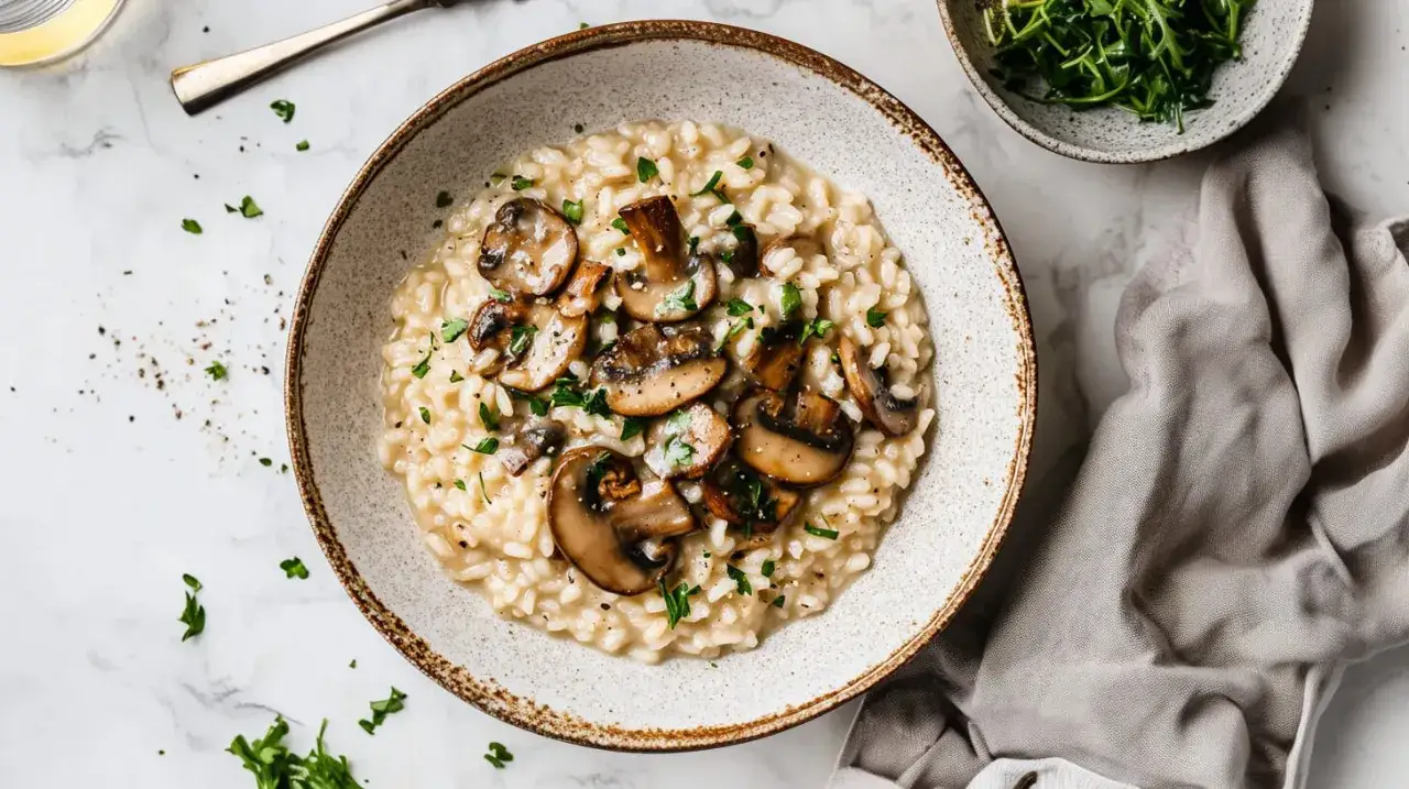Kremowe risotto z grzybami, posypane natką pietruszki, czeka na talerzu. Obok miseczka z rukolą i lniana serwetka.