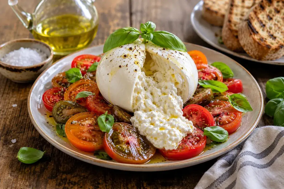 Burrata co to? Kremowy ser otoczony kolorowymi pomidorami, polany oliwą, z listkami bazylii. Pyszna, lekka przystawka.