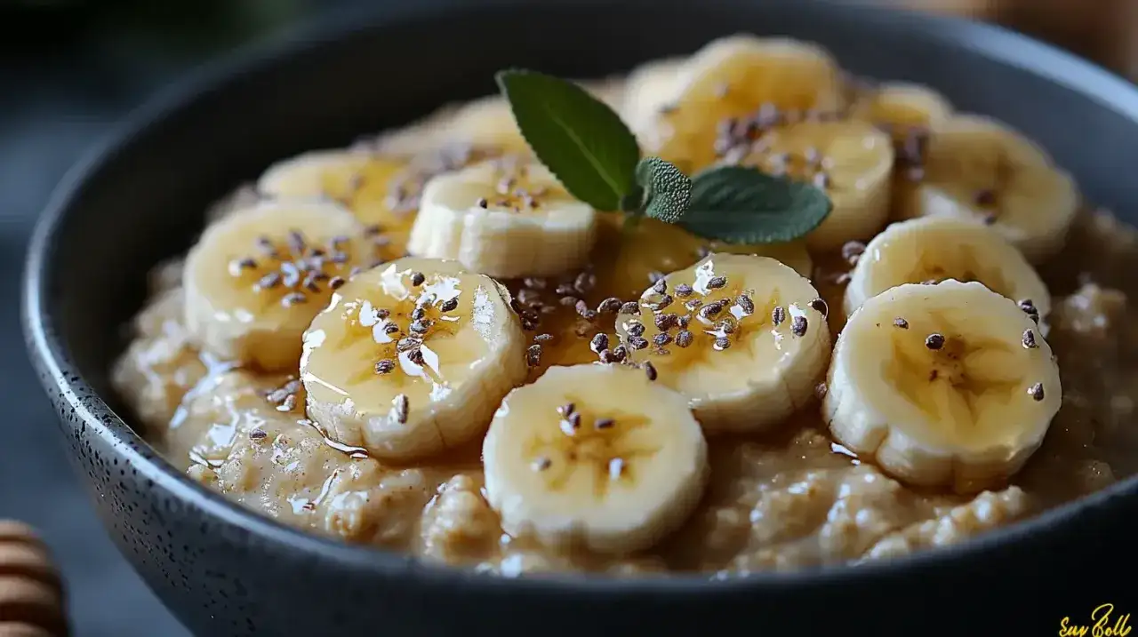 Pyszna owsianka na mleku z plasterkami banana, polana miodem i posypana nasionami chia. Idealne śniadanie.