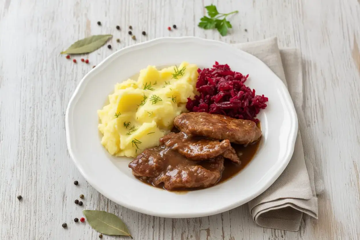 Pyszne bitki wieprzowe w sosie, podane z pur&eacute;e ziemniaczanym i czerwoną kapustą.