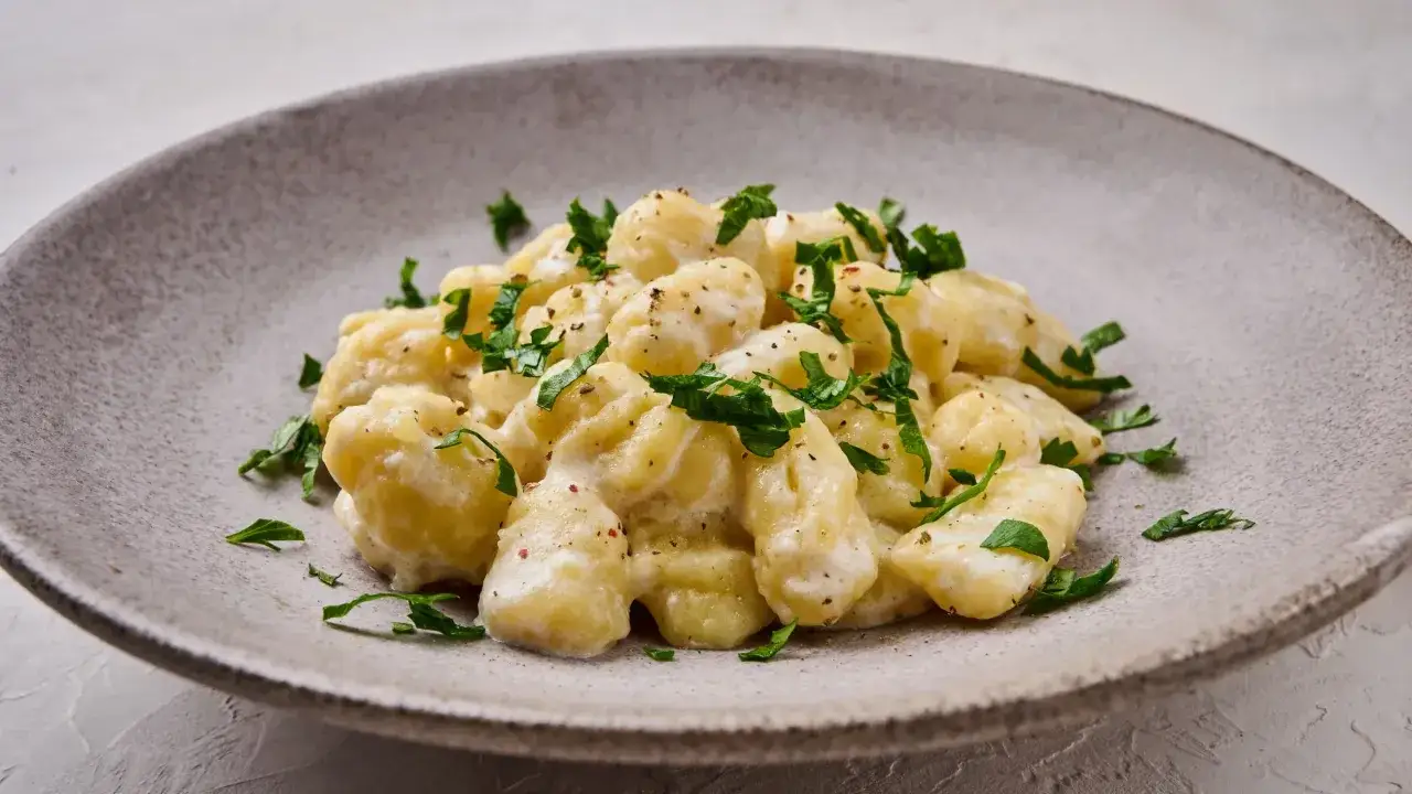 Pyszne, kremowe gnocchi z sosem śmietanowym, posypane świeżą natką pietruszki i pieprzem. Idealne danie na szybki obiad.