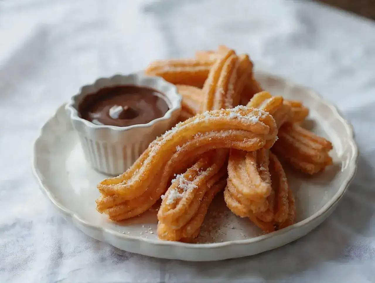 Churros przepis na talerzu z czekoladą. Pyszne, złociste i posypane cukrem pudrem.