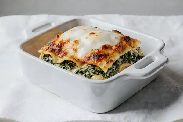 Pyszne lasagne ze szpinakiem w białym naczyniu, zrumienione ciasto i kremowy ser.